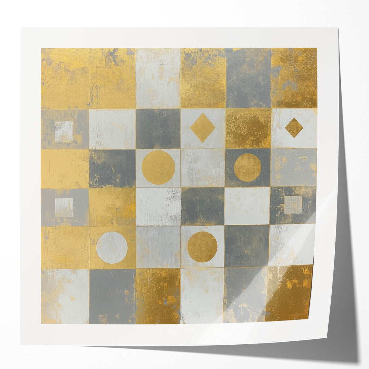 Geometric Abstract Wall Art – Gold, White & Gray Modern Canvas