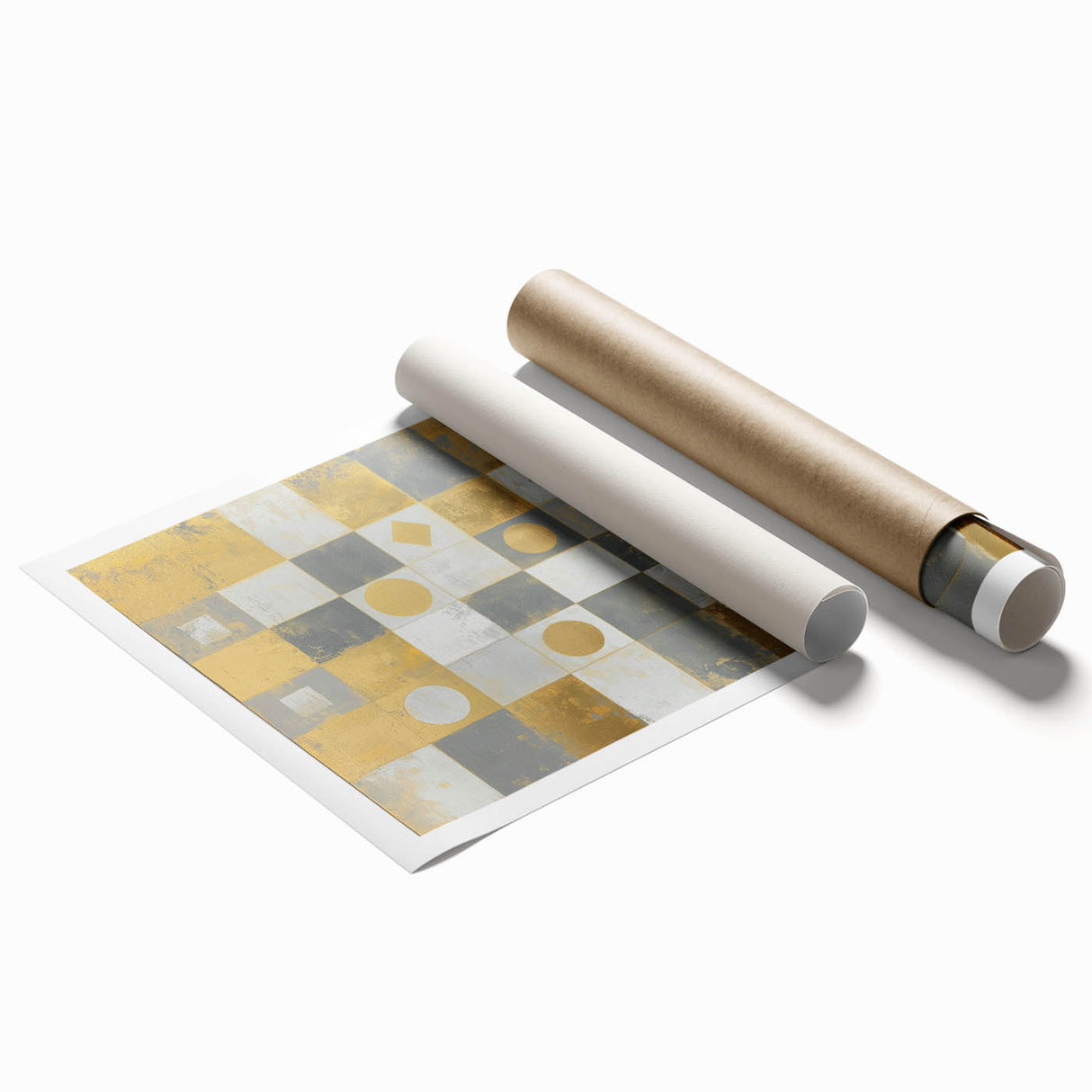 Geometric Abstract Wall Art – Gold, White & Gray Modern Canvas