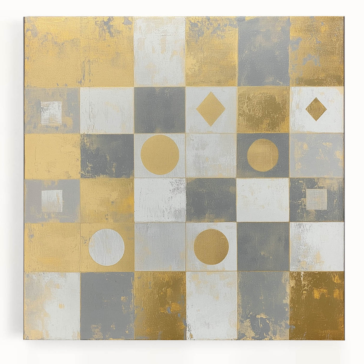 Geometric Abstract Wall Art – Gold, White & Gray Modern Canvas