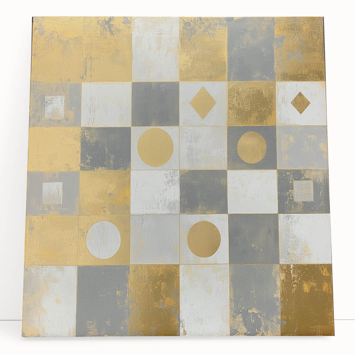 Geometric Abstract Wall Art – Gold, White & Gray Modern Canvas
