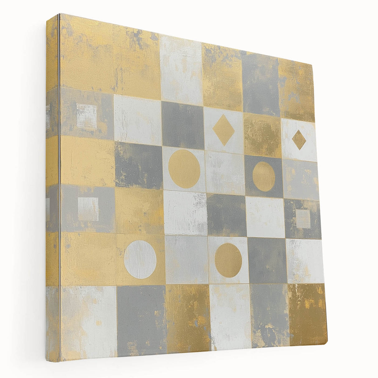 Geometric Abstract Wall Art – Gold, White & Gray Modern Canvas