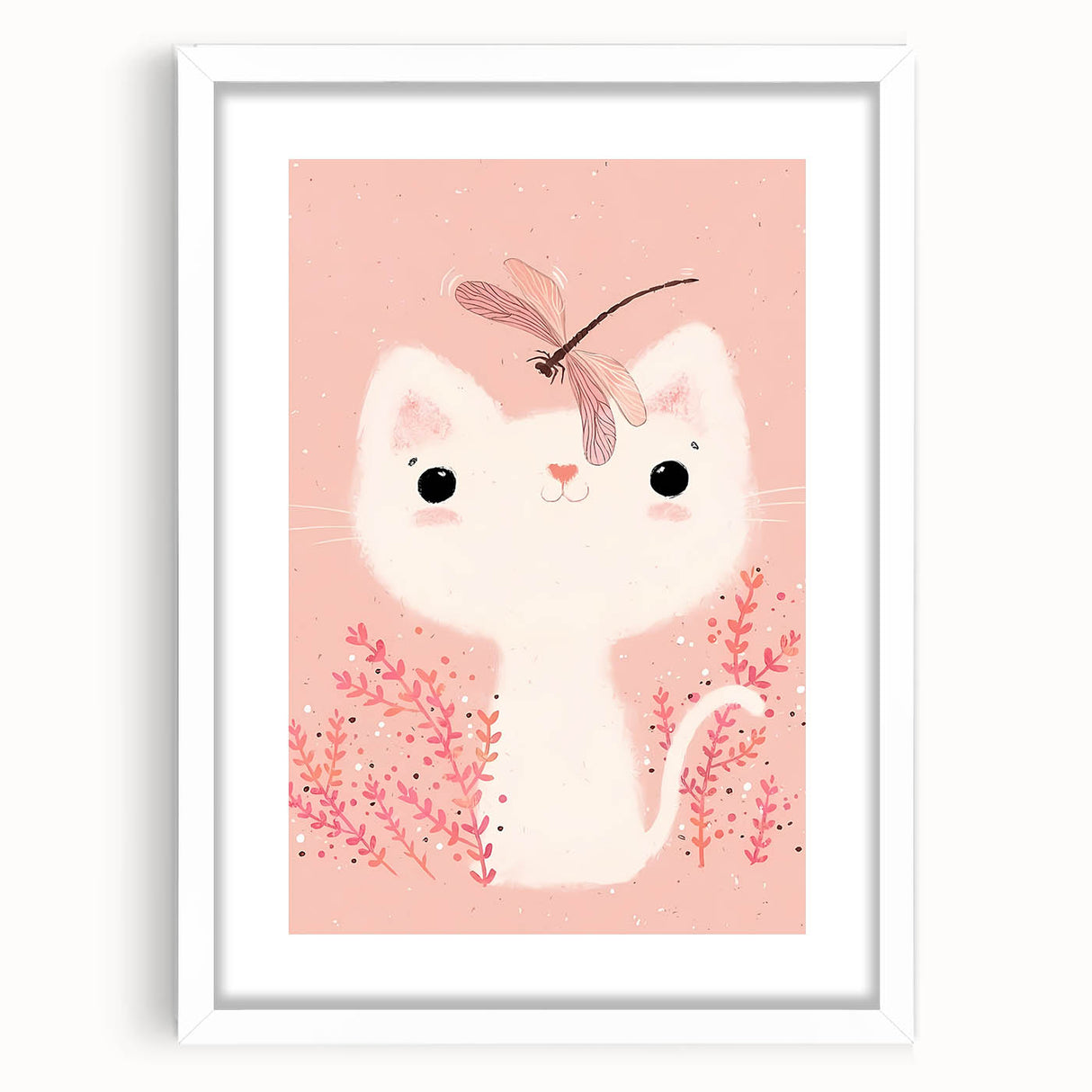 White Cat & Dragonfly Girls Room Wall Art – Kids Room Art Print