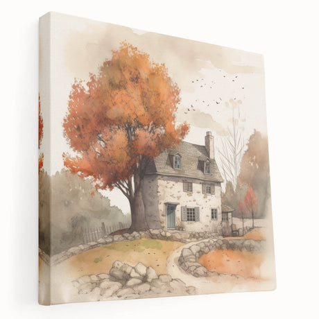 Autumn-themed abstract painting on stretched canvas with warm orange and yellow tones, suitable for kitchen wall art.