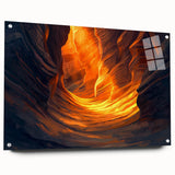 Acrylic glass landscape artwork showcasing intricate cave formations in vibrant colors, presented in a side view with pins, ideal for modern decor.
