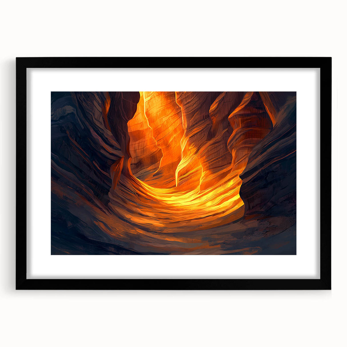 Framed black landscape artwork with cave imagery and a white mat, showcasing intricate details, ideal for enhancing modern home decor aesthetics.
