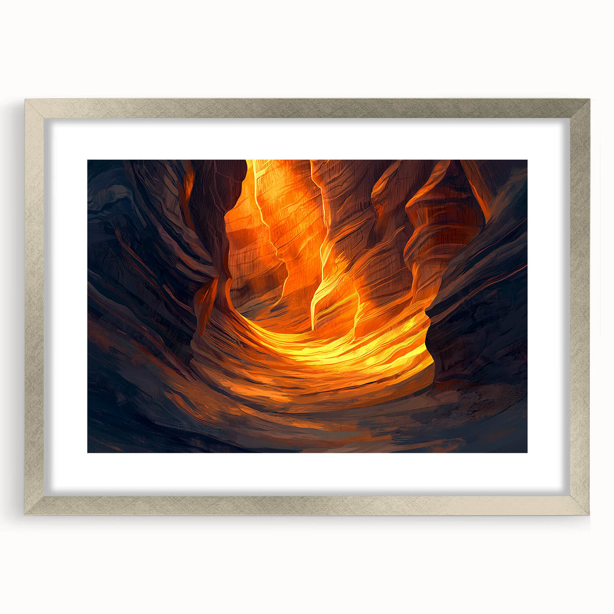 Framed silver landscape artwork featuring intricate cave designs, elegantly matted for a sophisticated presentation, ideal for modern home decor and art enthusiasts.