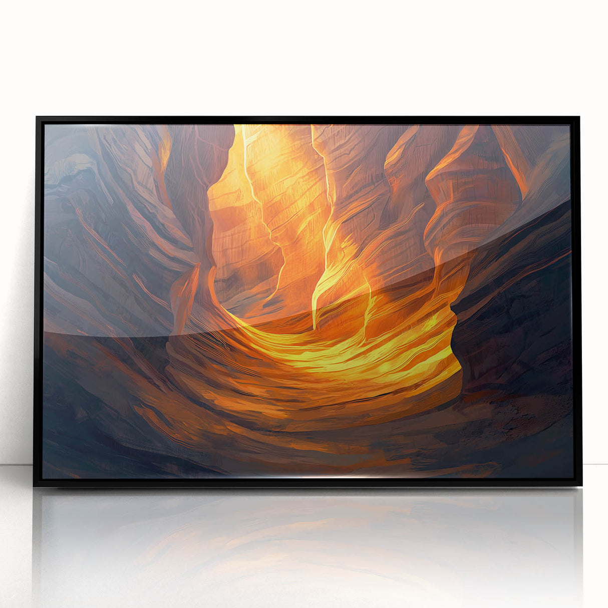 Framed acrylic artwork depicting a stunning cave landscape in rich earth tones, showcasing intricate textures and details, set in a sleek black frame for modern decor.