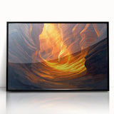 Framed acrylic artwork depicting a stunning cave landscape in rich earth tones, showcasing intricate textures and details, set in a sleek black frame for modern decor.