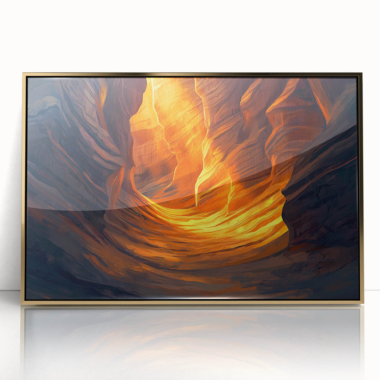 Framed acrylic landscape artwork showcasing intricate cave formations in rich gold tones, ideal for modern home decor and artistic wall displays.