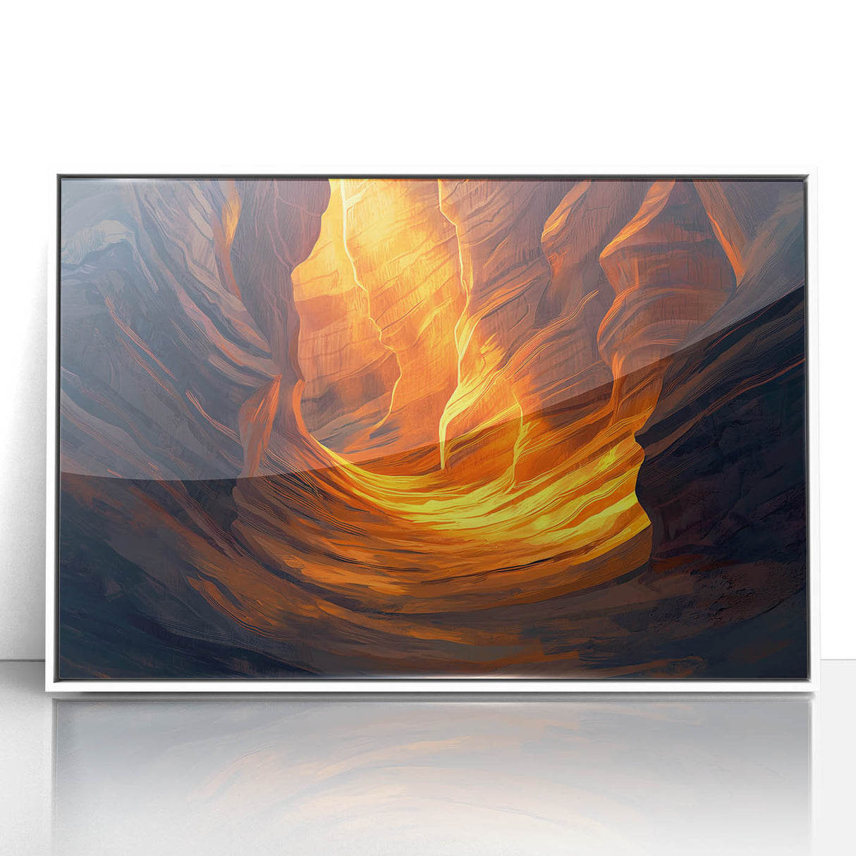 Framed acrylic artwork depicting a stunning landscape with caves, featuring earthy tones and intricate details, perfect for home decor enhancement.