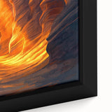 Close-up of a framed canvas print showcasing an intricate landscape with cave formations, featuring earthy tones and rich textures, perfect for home decor.