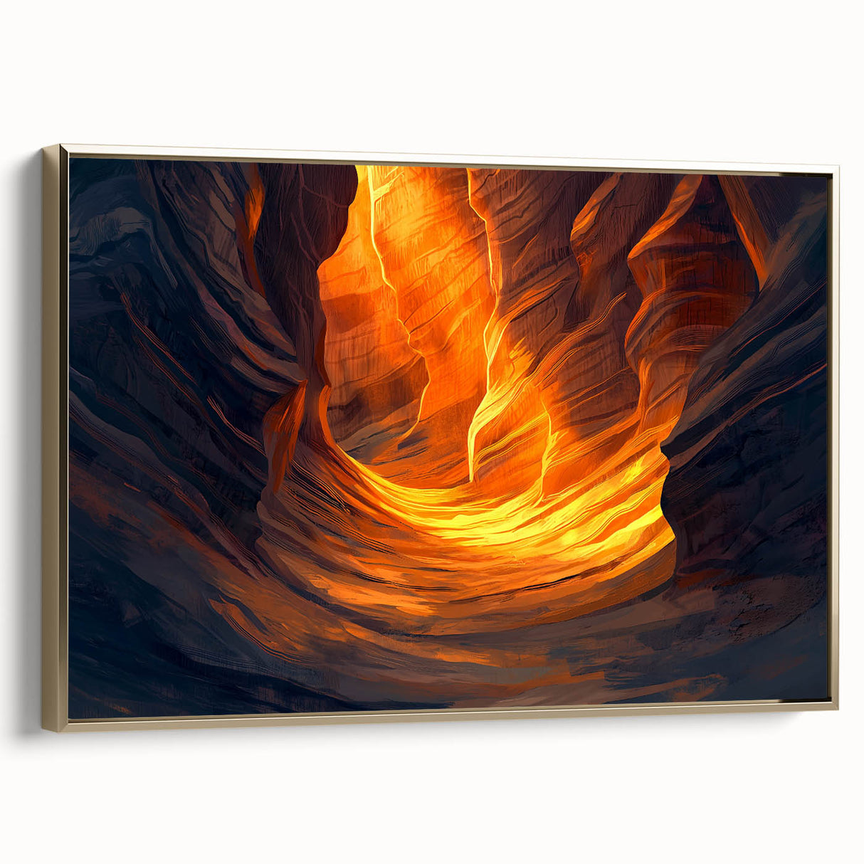 Framed canvas artwork showcasing a stunning landscape with cave formations, highlighted by a gold frame. Perfect for enhancing modern home decor with a touch of nature-inspired elegance.