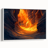 Framed canvas artwork depicting a serene landscape with caves and mountains, showcasing earthy tones and textured details, set against a white frame for a modern touch. Ideal for enhancing home decor and creating a calming atmosphere.