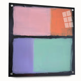 Abstract geometric acrylic glass artwork showcasing a side view with visible mounting pins, featuring vibrant colors and sharp lines, ideal for modern decor.