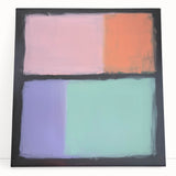 Abstract geometric stretched canvas artwork featuring vibrant colors and dynamic shapes, leaning against a neutral wall, perfect for modern home decor.