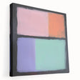 Abstract geometric stretched canvas artwork showcasing vibrant colors and dynamic shapes, ideal for modern home decor, displayed in a side view to highlight texture and depth.