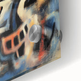 Close-up view of abstract splatter art on acrylic glass, showcasing vibrant colors and fluid shapes, ideal for modern decor and artistic displays.