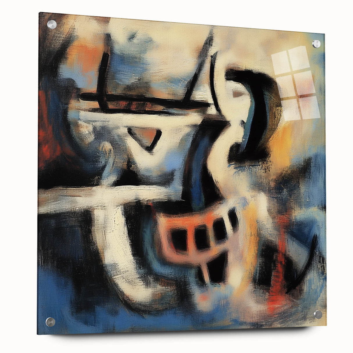 Abstract acrylic glass artwork showcasing vibrant splatters in a side view, mounted with decorative pins, perfect for modern home decor or artistic display.