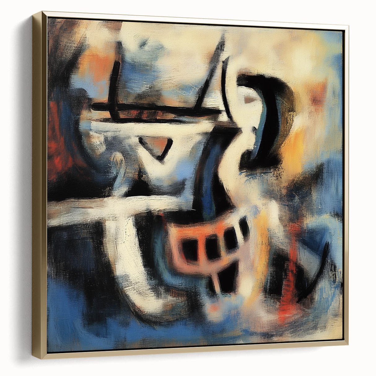 Framed canvas artwork showcasing an abstract design with silver and gold splatters, perfect for modern home decor. Ideal for adding a touch of elegance to living spaces.