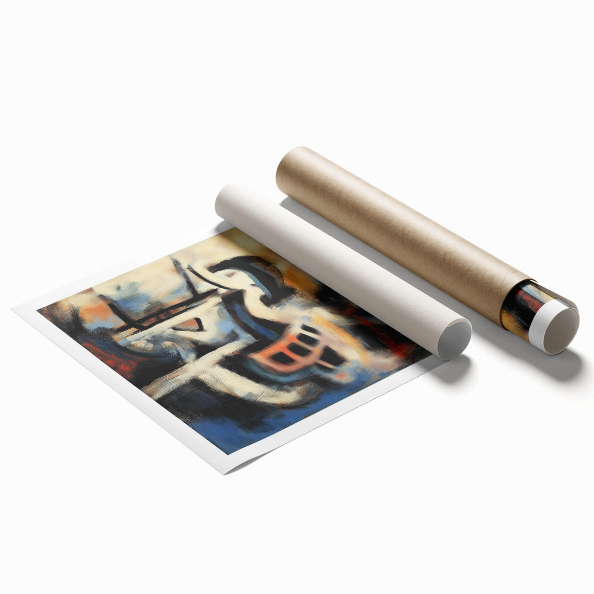 Abstract art print featuring vibrant blue, orange, and yellow splatters on a textured white background, rolled and ready for display in a durable cardboard tube, perfect for modern home decor.