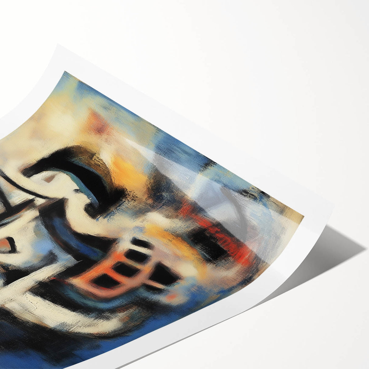 Abstract rolled print showcasing vibrant splatters in shades of blue, pink, and yellow, perfect for modern home decor, packaged securely for delivery.