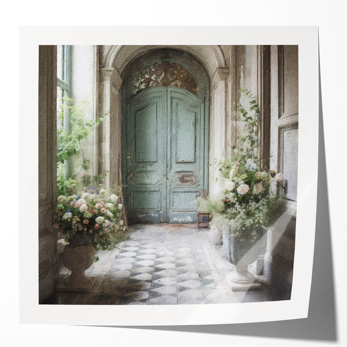 Extra large glossy print of a French door design in muted earth tones, ideal for art wall dining room.