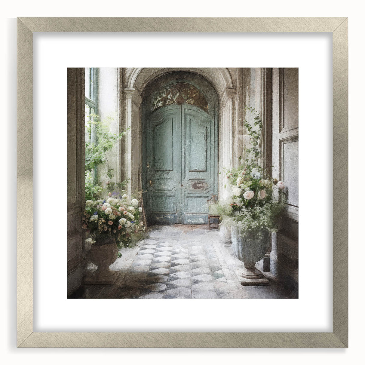 Textured abstract art print of a French door, in muted gray tones on a silver-framed canvas, suitable for bedroom decor.