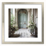 Textured abstract art print of a French door, in muted gray tones on a silver-framed canvas, suitable for bedroom decor.