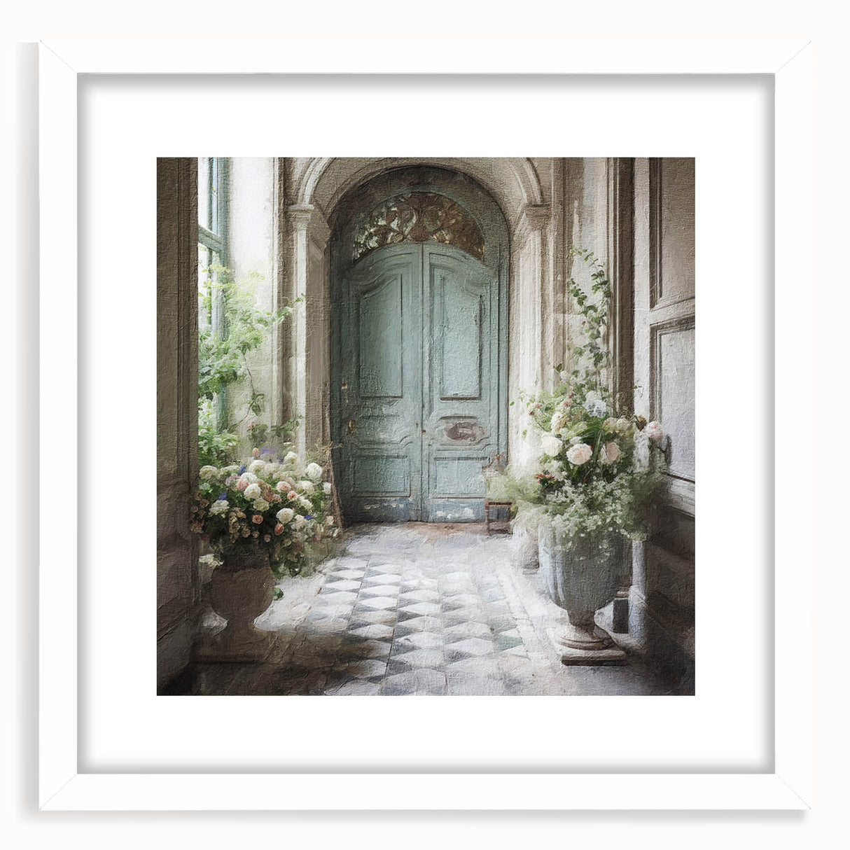 Abstract art print of a stylized French door in monochrome, framed with a white mat, suitable for dining room decor.