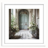 Abstract art print of a stylized French door in monochrome, framed with a white mat, suitable for dining room decor.