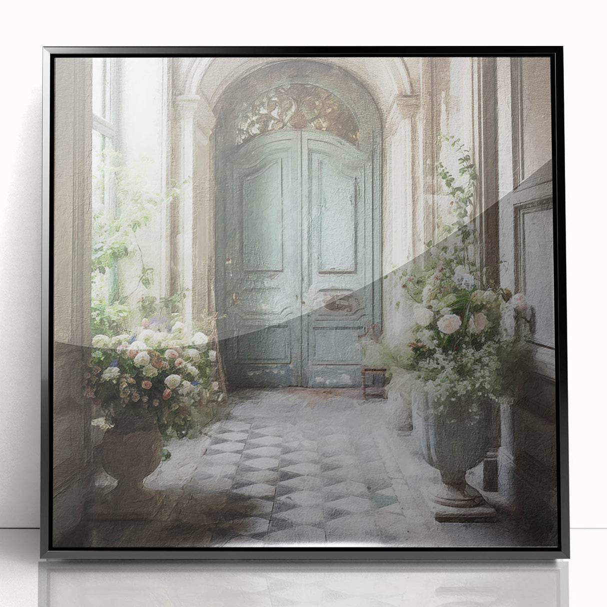 Large abstract wall art featuring a mid-century modernist style door design in black and white.