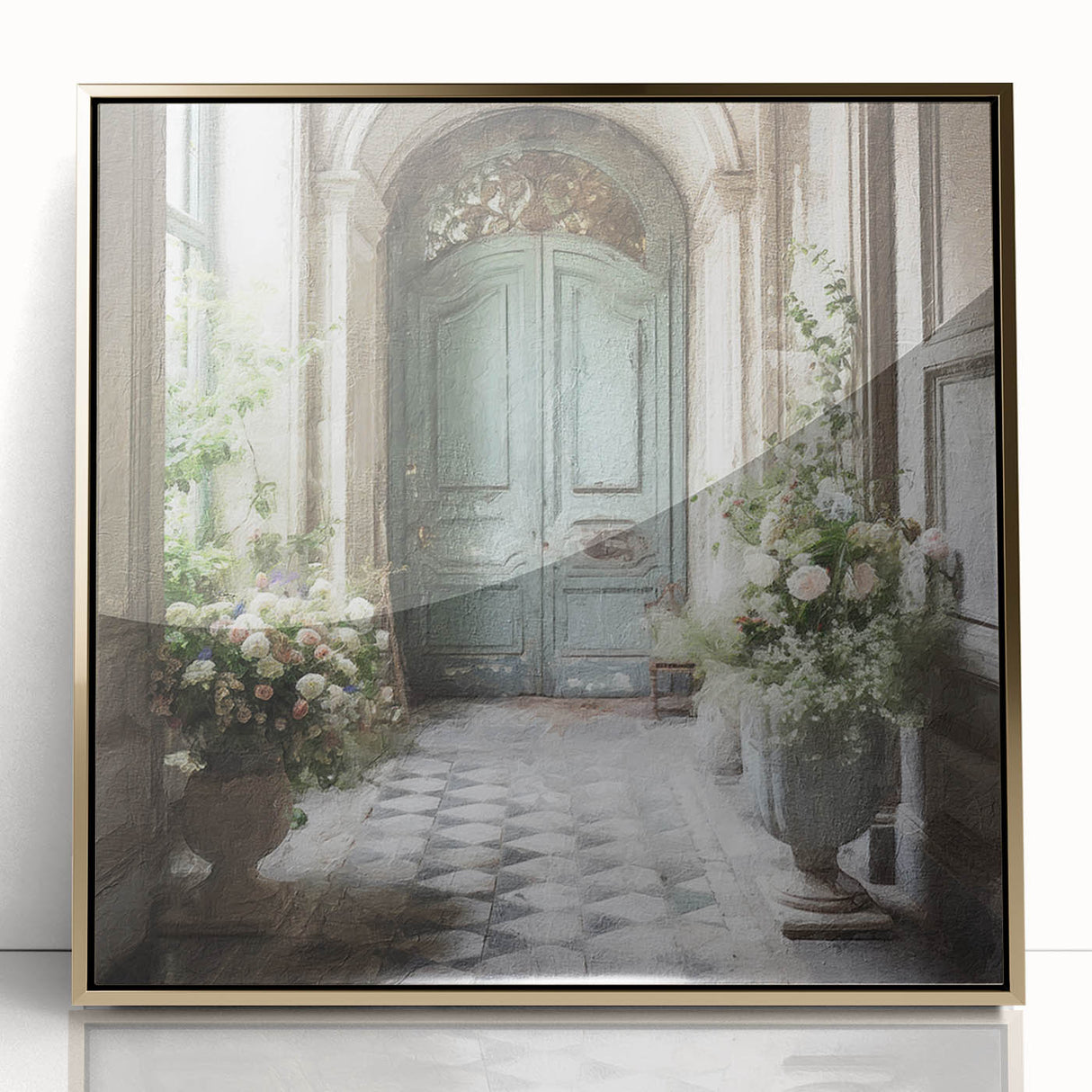 Mid-century modernist acrylic print of a French door in gold tones, framed, suitable for modern art wall decor.