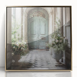 Mid-century modernist acrylic print of a French door in gold tones, framed, suitable for modern art wall decor.