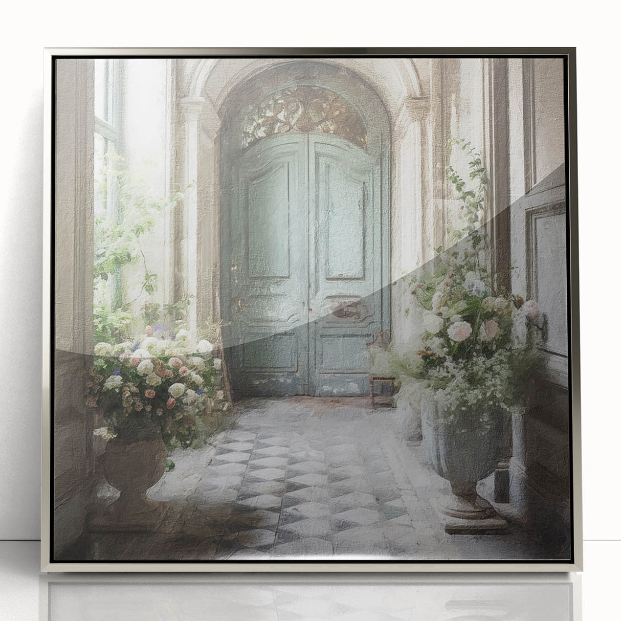 Mid-century modernist art of a French door in silver framed acrylic, ideal for nursery wall decor.
