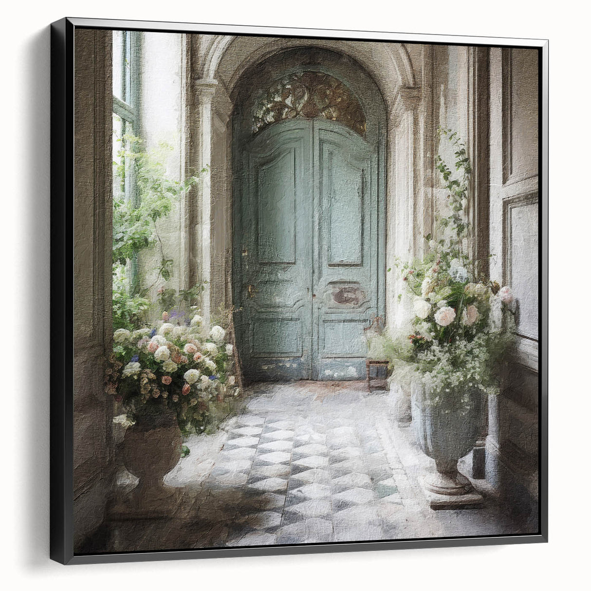 Black and white vintage poster art of a French door on framed canvas, suitable for bedroom wall decor.