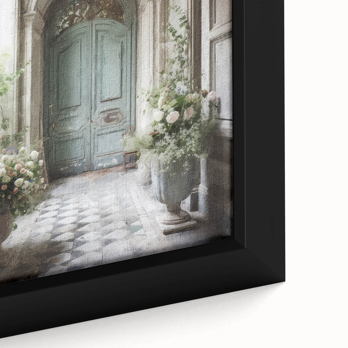 Extra large framed canvas featuring a close-up of a textured black door with colorful art accents.