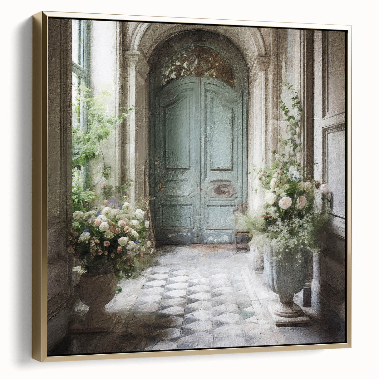 Framed canvas of a vintage poster featuring a black and gold French door design, ideal for bedroom wall decor.