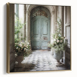 Framed canvas of a vintage poster featuring a black and gold French door design, ideal for bedroom wall decor.