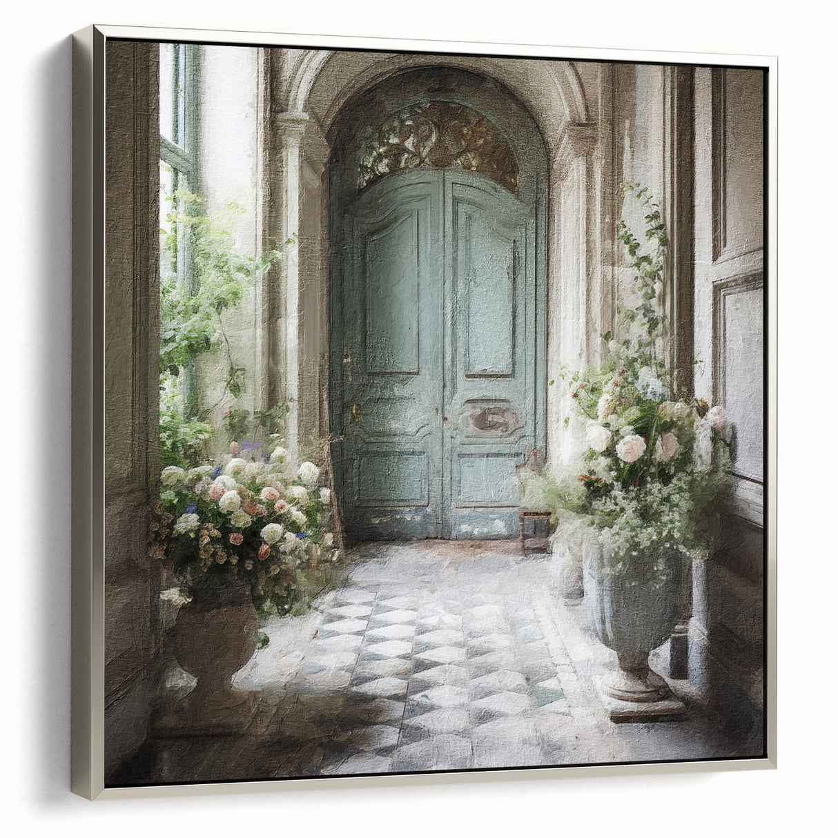 Landscape art painting of a French door in black and colorful tones on framed canvas, suitable for living room decor.