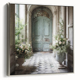 Landscape art painting of a French door in black and colorful tones on framed canvas, suitable for living room decor.