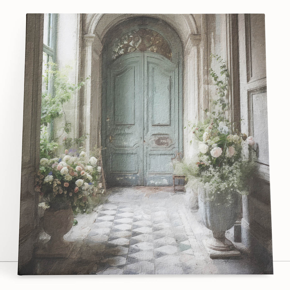 Black and white photo of a French door on stretched canvas, ideal for kitchen wall art or bedroom decor.
