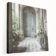 Side view of a large art print depicting an ornate French door, rendered in muted earth tones on stretched canvas.