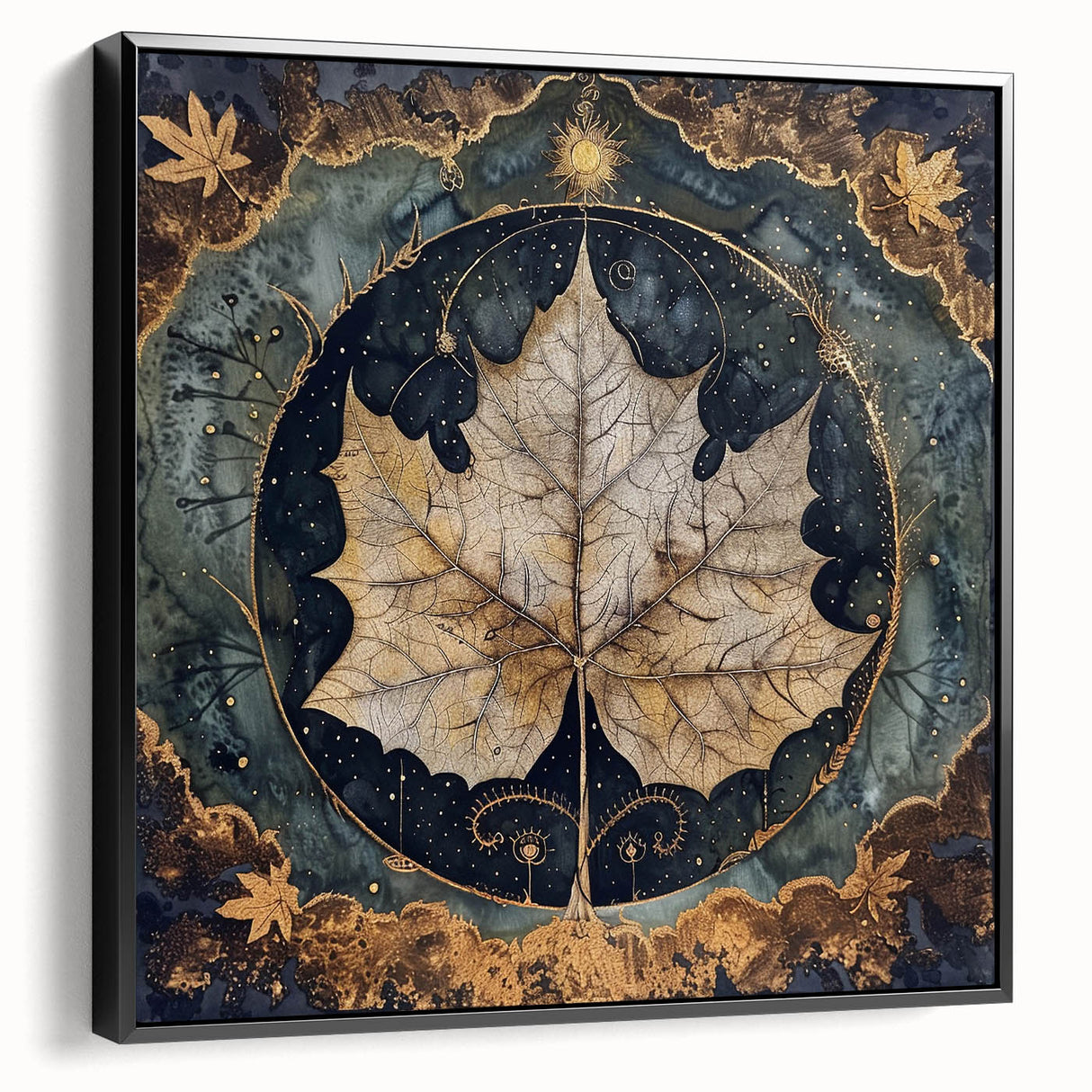 Framed canvas wall art showcasing a botanical design with vibrant flowers and leaves, featuring a sleek black frame, ideal for modern home decor.