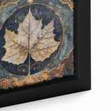 Close-up of a framed canvas wall art depicting an intricate design of colorful flowers and botanical leaves, showcasing vibrant greens, reds, and yellows, ideal for home decor.