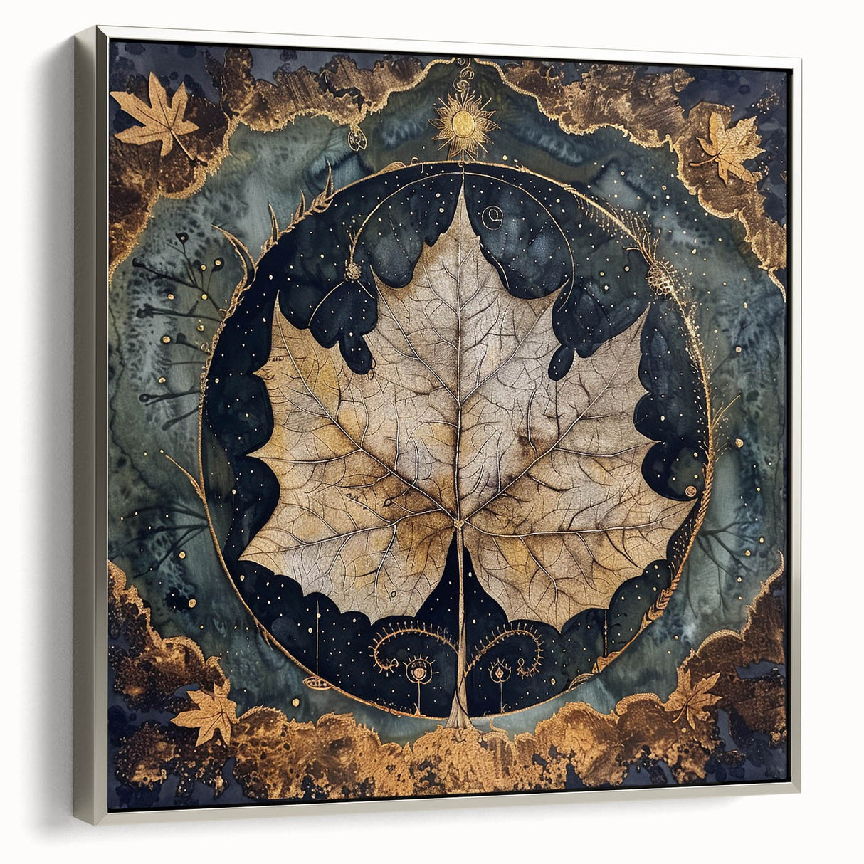 Framed canvas wall art featuring a botanical design of vibrant flowers and leaves, set in a sleek silver frame, showcasing a modern aesthetic for home decor.