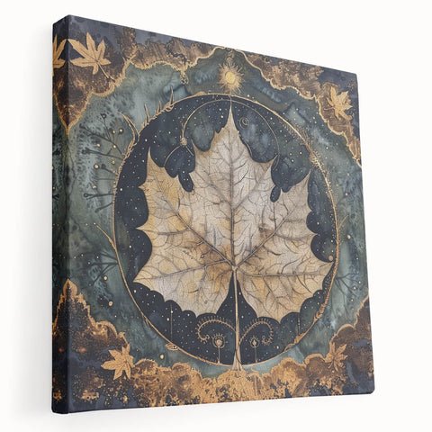 Stretched canvas wall art showcasing a vibrant floral and botanical design with intricate leaves, displayed in a side view, ideal for home decor enhancement.
