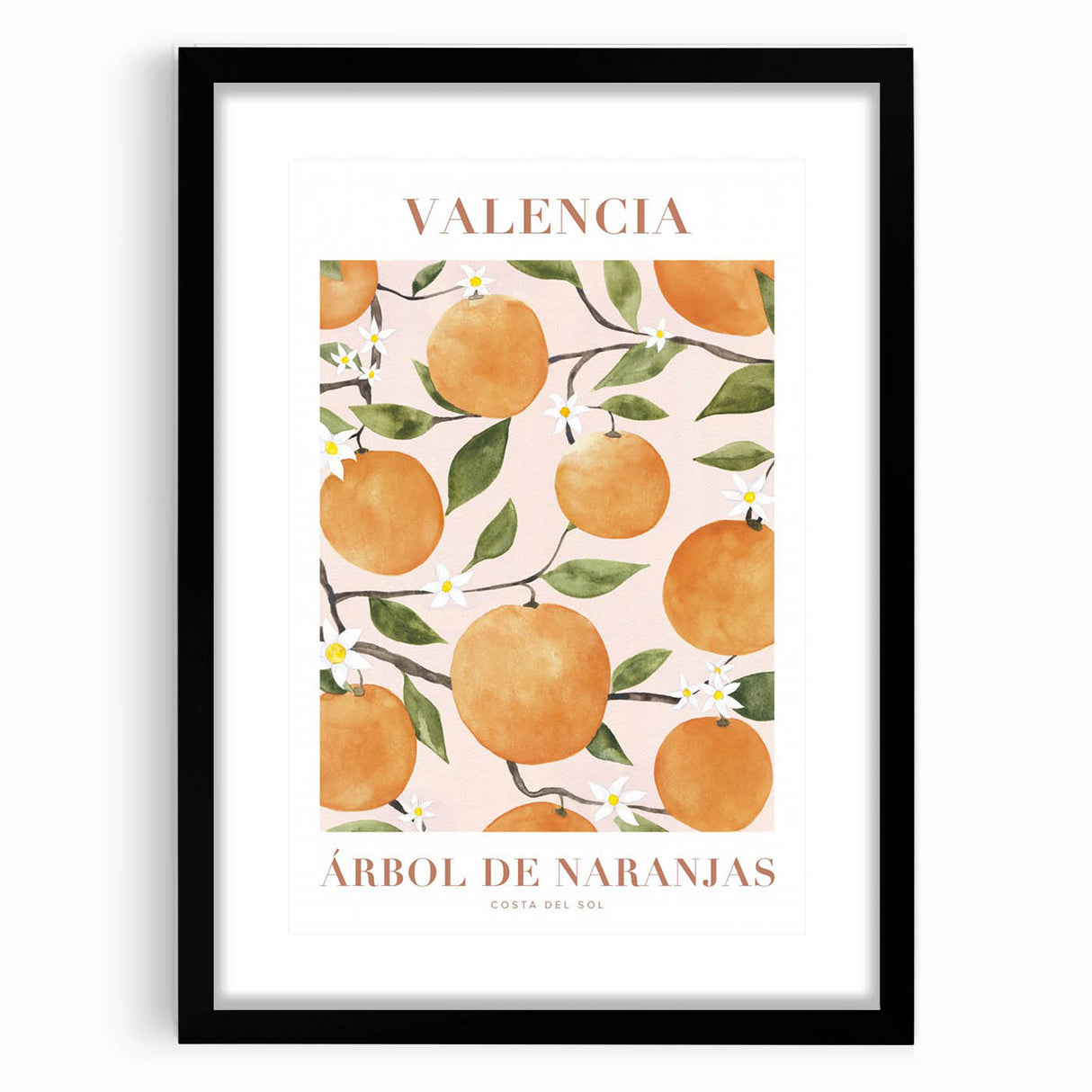 Extra large colorful art print of abstract fruits in a black frame with mat, ideal for living room decor.