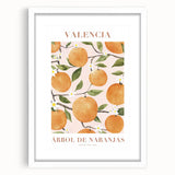 Abstract art print featuring assorted fruits in vibrant colors on a white framed poster, ideal for dining room decor.