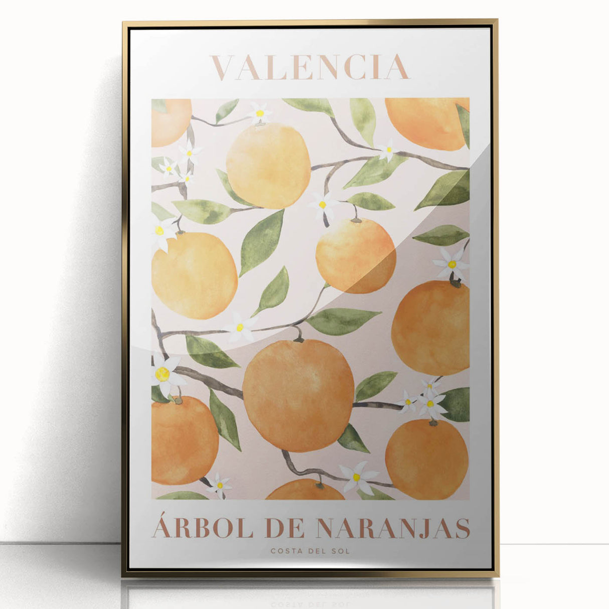 Mid-century modernist large art print of vibrant fruits on acrylic, framed in gold, ideal for modern kitchen decor.