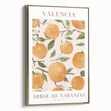 Framed canvas featuring a vintage poster art of assorted fruits in muted earth tones, suitable for bedroom wall art.